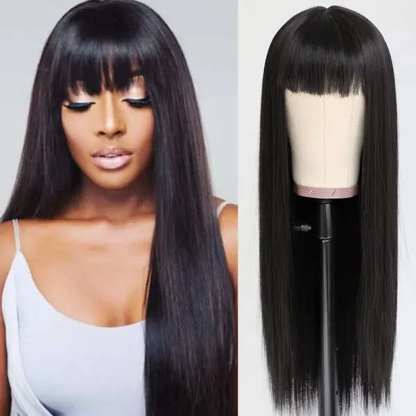 Peluca de pelo sintético negro con flequillo completo para mujer, pelo largo y liso, pelo suave Natural, tocado de seda resistente al calor, 28 pulgadas - Imagen 4