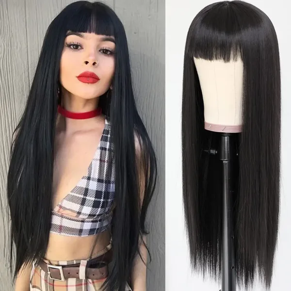 Peluca de pelo sintético negro con flequillo completo para mujer, pelo largo y liso, pelo suave Natural, tocado de seda resistente al calor, 28 pulgadas - Imagen 3