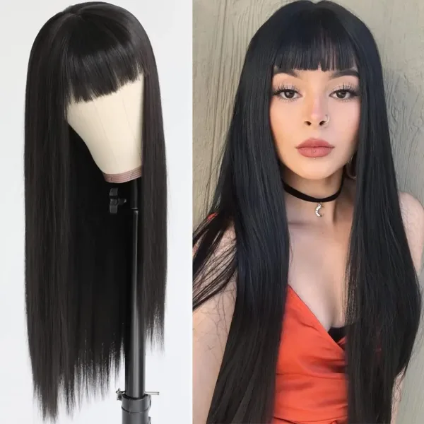 Peluca de pelo sintético negro con flequillo completo para mujer, pelo largo y liso, pelo suave Natural, tocado de seda resistente al calor, 28 pulgadas